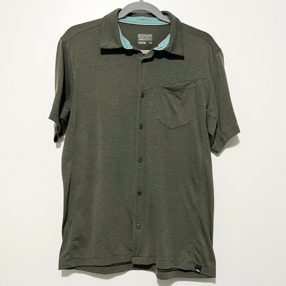 Outdoor Research Mens Short Sleeve Button Shirt M Gorpcore Granola Hiking Green